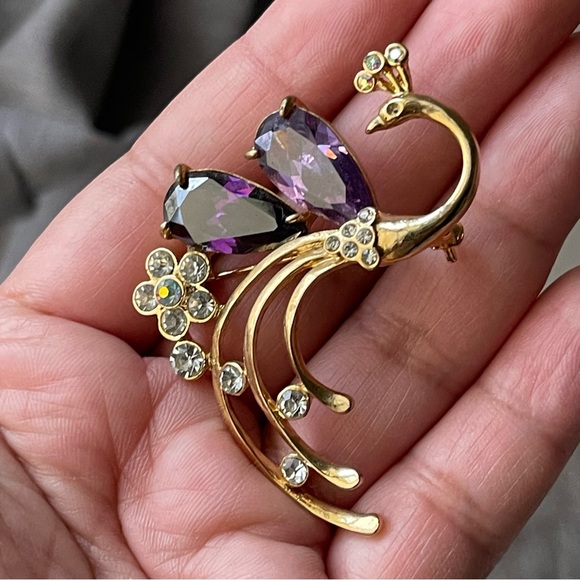 Peacock Bird Purple Swarovski Elements Crystal PENDANT BROOCH ONLY - Picture 2 of 10